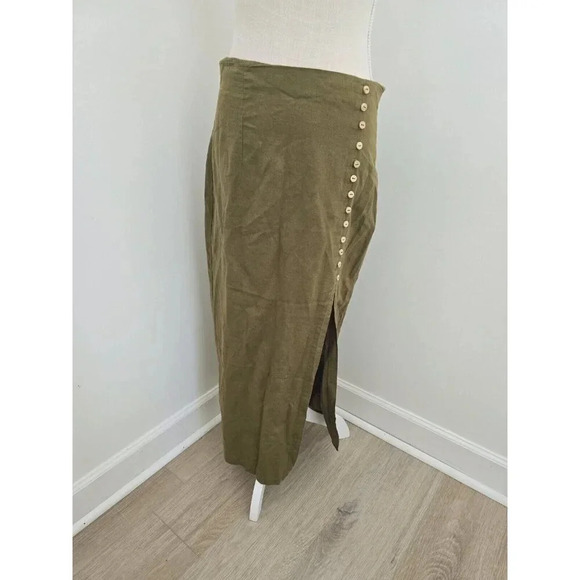 Zara Linen Cotton Blend Slit Faux Button Olive Green Straight Midi Long Skirt M - Picture 4 of 13